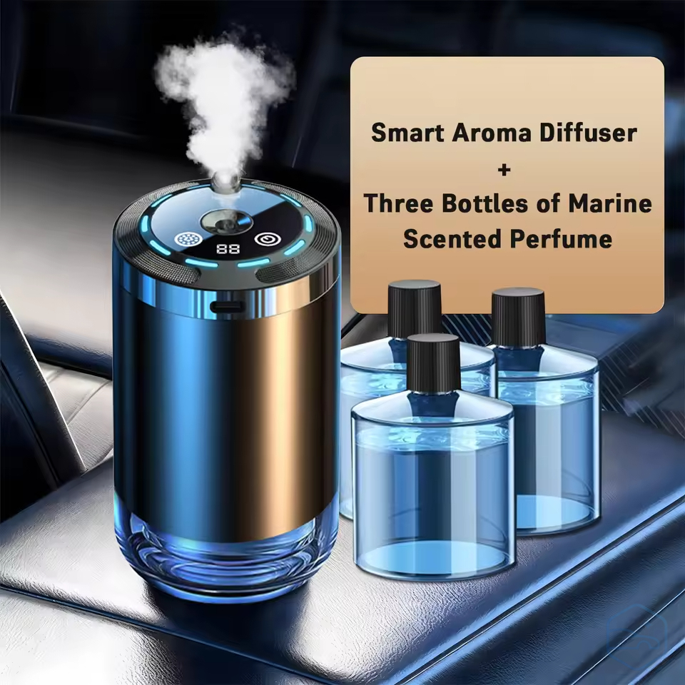 Smart Car Aroma Diffuser & Cool Mist Humidifier with LED Display (3 Ocean Scent Bottles Included)
