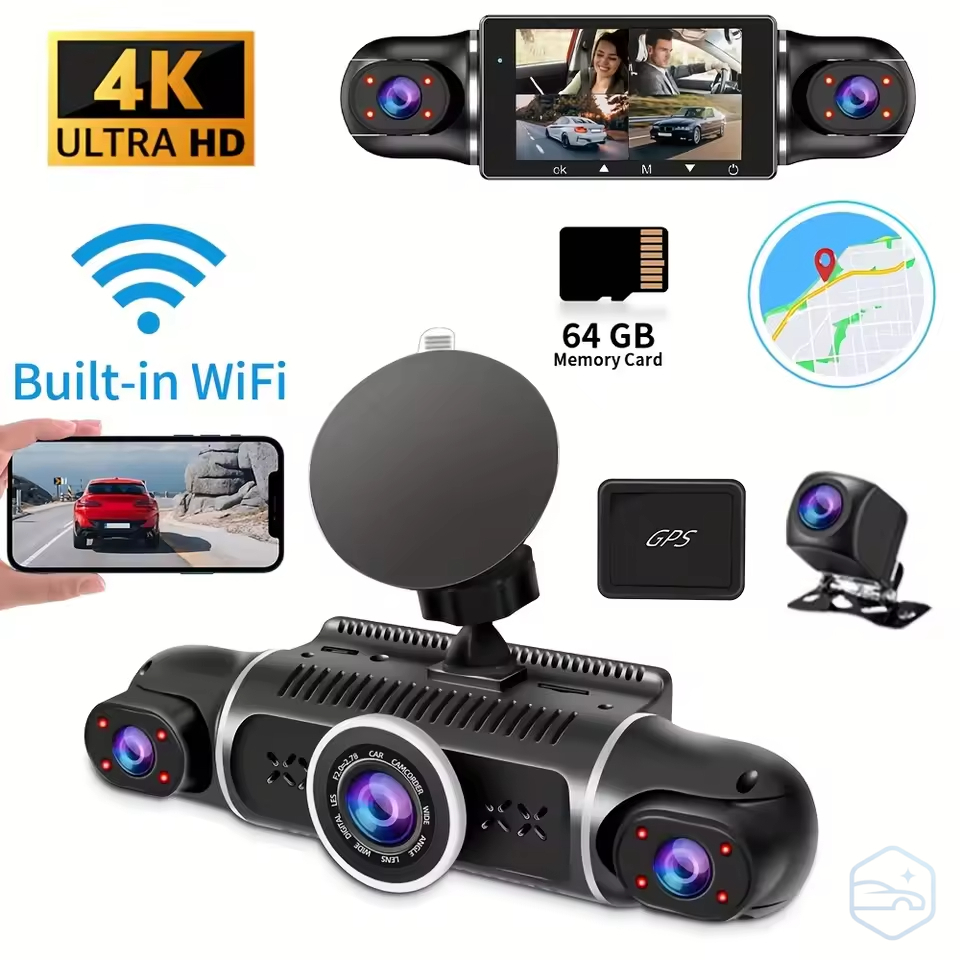 4K Dash Cam with WiFi & GPS – 4-Channel Front, Rear & Side Car Camera (64GB Included)